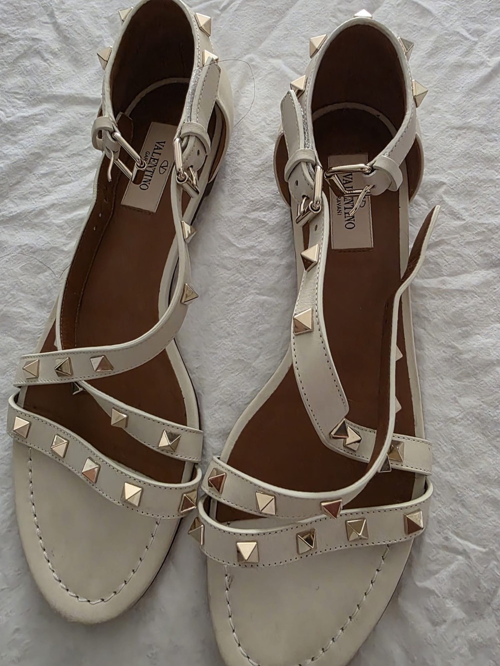 Valentino White Leather Rockstud Strappy Flat Sandals